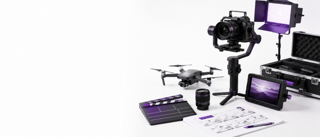 Antalya prodüksiyon hizmetini temsil eden sinema kamerası, gimbal, drone, ışık ve çekim ekipmanları