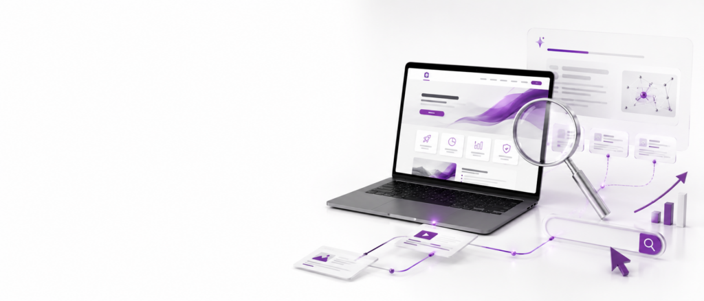 SEO ve GEO uyumlu web tasarım sürecini gösteren web sitesi ekranı, büyüteç ve arama görünürlüğü öğeleri