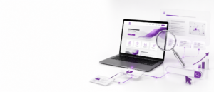 SEO ve GEO uyumlu web tasarım sürecini gösteren web sitesi ekranı, büyüteç ve arama görünürlüğü öğeleri