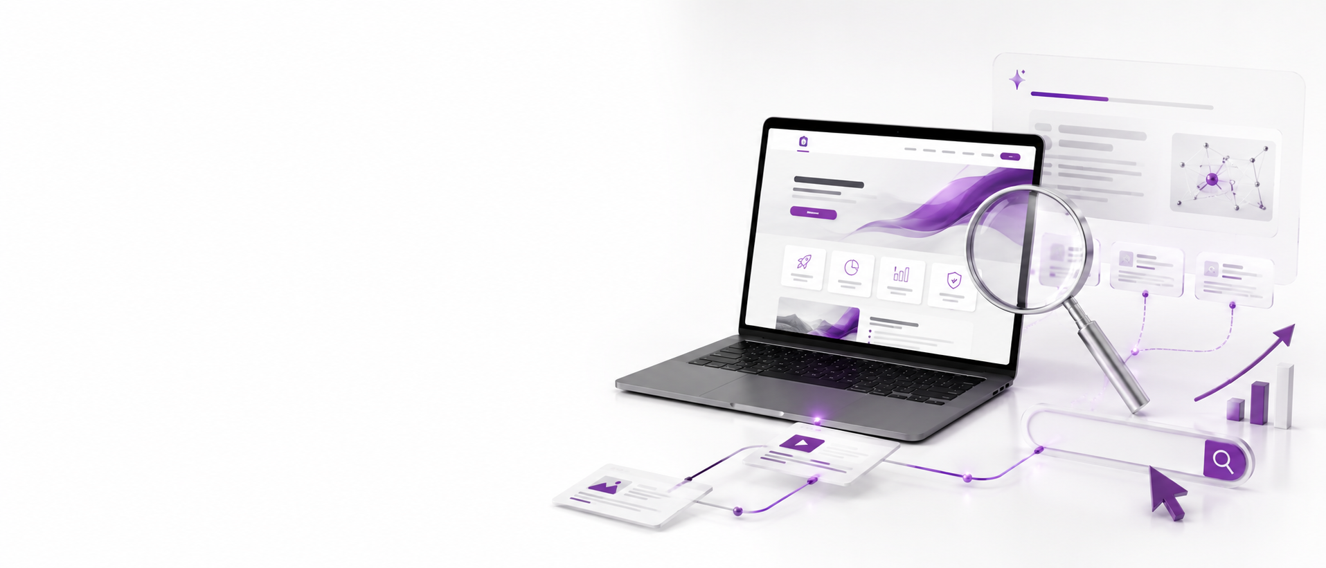 SEO ve GEO uyumlu web tasarım sürecini gösteren web sitesi ekranı, büyüteç ve arama görünürlüğü öğeleri
